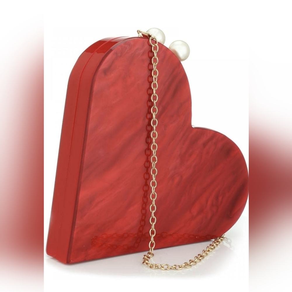 Red Heart-Shaped Acrylic Clutch with Gold Chain